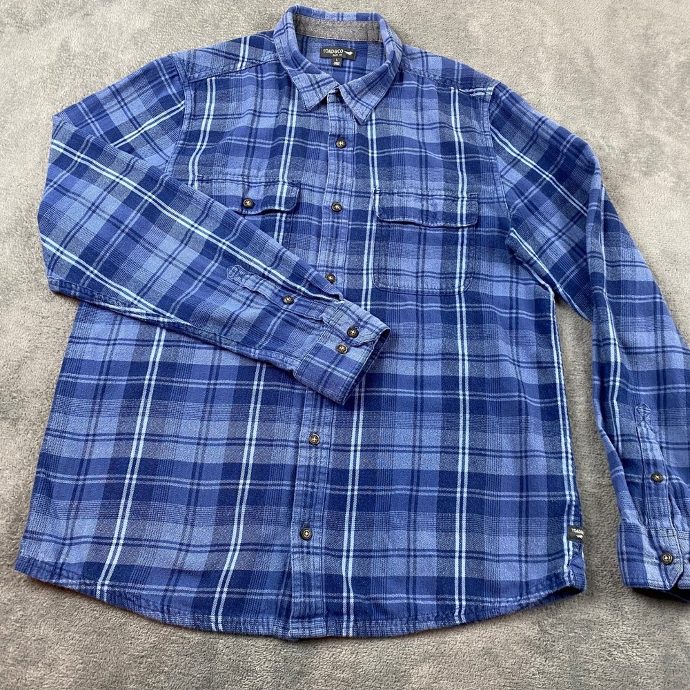 Toad&Co Mens L Shirt Blue Plaid Organic Cotton Slim Fit Flannel Button Down